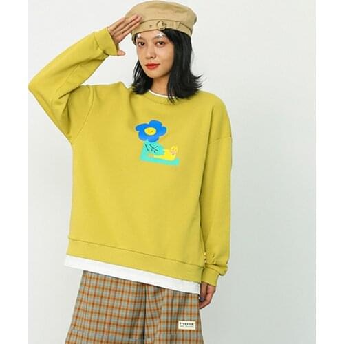 Bebobsons Casual Loose Pullover Sweatshirts For Women Cotton Long Sleeve Cartoon Printed Female Yellow Hoody ONeck Autumn Spring