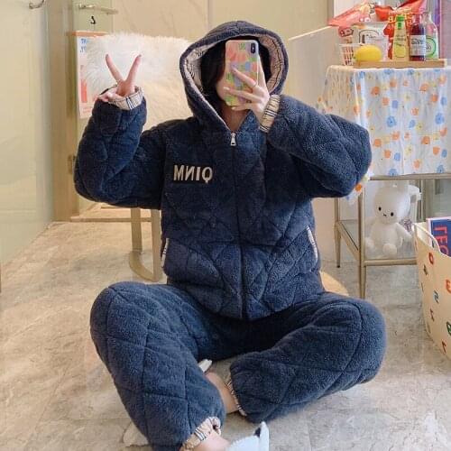 Luxury Winter New Couple Flannel Pajamas Set Thick Nightwear Three Layer Warm Sleepwear Women&men Coral Velvet Home Clothes