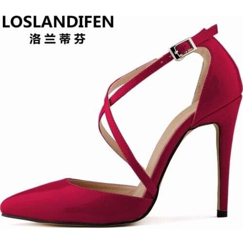 Shoes women 2017 summer sexy 11cm cross belt classic patent leather party pumps, big size women sexy wedding sandal heels 35-42