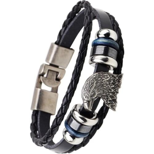 Hip Hop Vintage Eagle Head Charm Bracelet Leather Multi Layer Punk Men Bead Animal Eagles Bracelets Male Jewelry