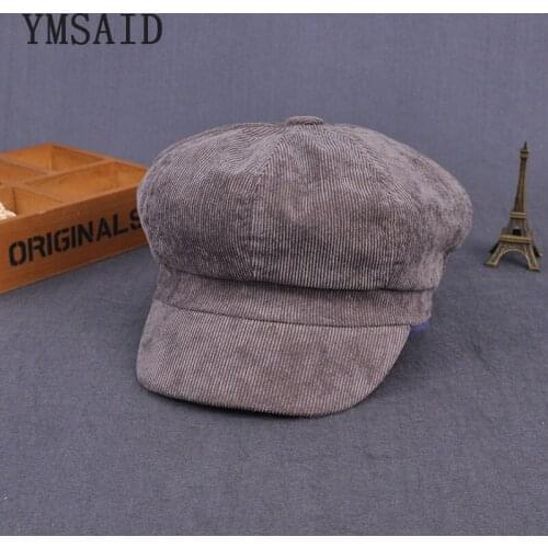 Ymsaid 2018 new winter England Vintage Corduroy Cap Thick Woman Beret Hat Octagonal Cap Beret Men Winter Hat Cabbie Hats