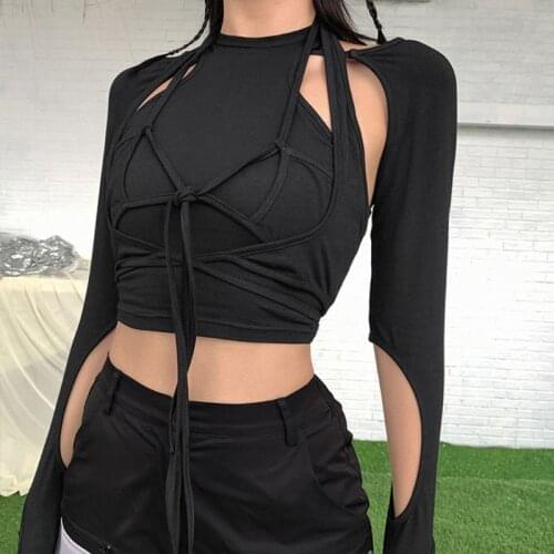 Women Fake 2 Piece Lace-Up Slim Crop Top Hollow Out Long Sleeve Halter T-Shirt
