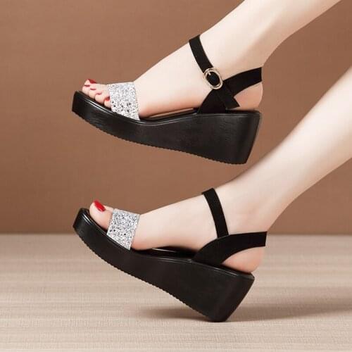 Women Wedge Heel Sandals Female Summer Of 2021 The New Sponge Thick Waterproof Machine Sequins Joker Fashion Sandals