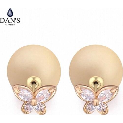 DANS ELEMENT Real Big Brand AAA Zirconia Rose Gold Color Simulated Pearl Fashion Ball Stud Earrings For Women butterfly 113609