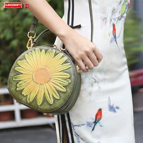 Genuine Leather Women Handbags 2020 New First Layer Cowhide Female Shoulder Messenger Bag Retro Small round Diagonal Bags