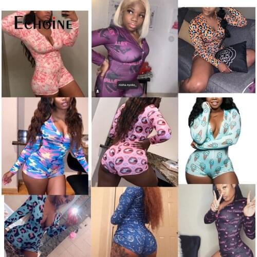 Echoine Women Sexy adult Onesies Jumpsuit Sleepwear Print full Sleeve Shorts V Neck Bodycon Bodysuit pajama romper teen girls
