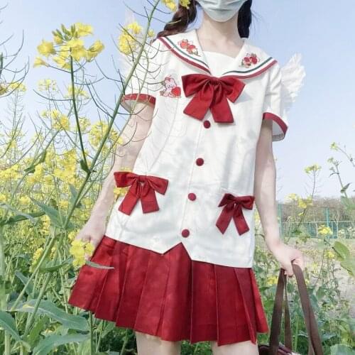 Girls design cute uniform loose top and skirt set women dresses summer 2020 Preppy Style Cotton Bow Mid-Calf