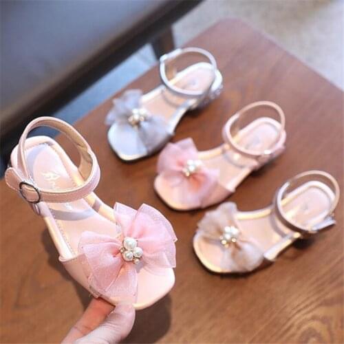Disney princess girls sandals 2021 summer new bow shoes cuhk gao tong open-toed sandals with a pearl