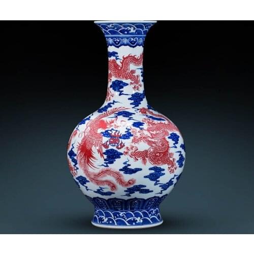 Jingdezhen Antique Hand-painted Blue And White Porcelain vase Glaze Red Flower vase Chinese Classical Living Room Ceramics vase