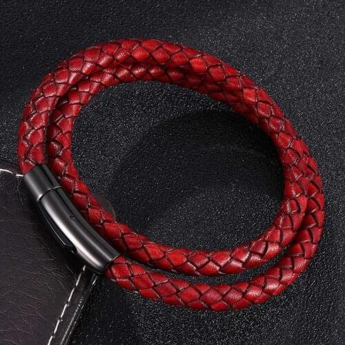 Double Layer Retro Red Braided Leather Bracelet Men Women Stainless Steel Snaps Unisex Fashion Jewelry Accessories Gifts ST0488