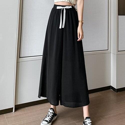Korean Elegant Summer Bows High Waist Chiffon Wide Leg Pants Women Culottes Pants Casual Straight Trousers Suits For Woman 2021