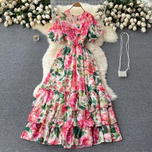 Europe Style Luxury Quality 2021 Summer Womens V Neck Floral Print Ruffles Maxi Dress Female Vacation Party Long Dresses