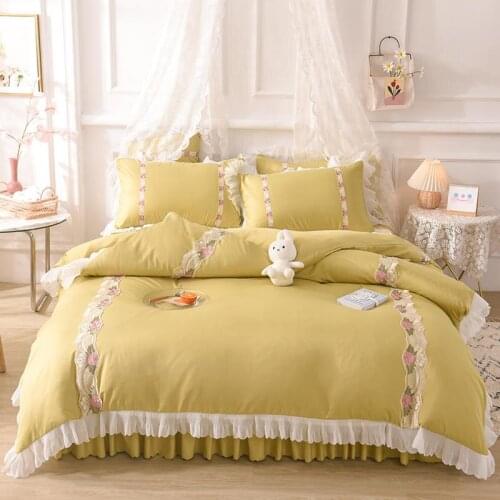 4Pcs Princess style Washed silk Lotus lace bedding sets queen king size duvet cover set bed skirt set pillowcase bedclothes