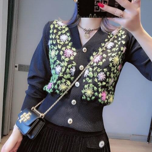 Contrast Hand Embroidered Flower Cardigans Women 2021 Early Autumn Cropped Cardigan V Neck Single Breasted Short Sweater Coat