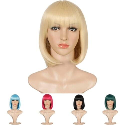 Short Straight Synthetic BOB Wigs For European American Women BOB Wig with Blunt Bang Synthetic Wigs For Party or Daily Life