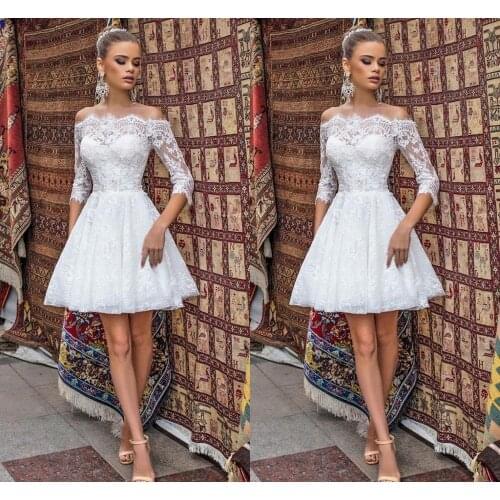 New Modest Short Wedding Dress Half Sleeves A Line Lace Bridal Gowns Off the Shoulder 2021 Bride Outdoor Mariage