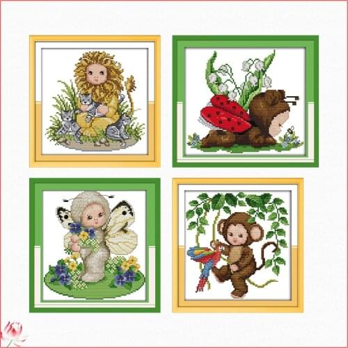 Joy Sunday Lion And Monkey Baby Cross Stitch Kits Embroidery Kit 11CT 14CT Count Printed Fabric Needlework Full Set DIY Sewing