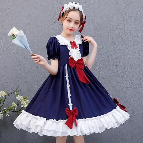 Lolita Dress Kids Girls Summer Kawaii Sweet Cute Princess Dresses Birthday Party Prom Blue Skirt And Headband Lolita Suit