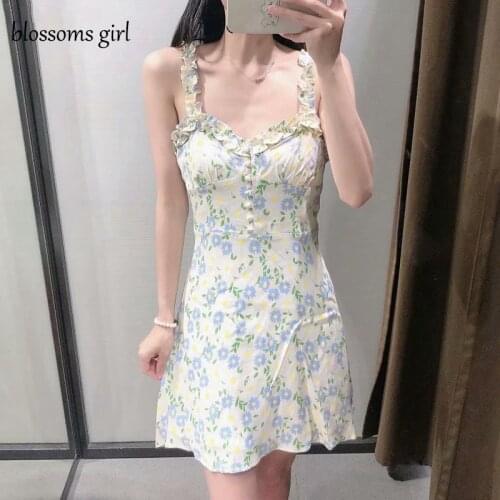 Tangada 2021 Fashion Women Flowers Print Strap Ruffles Dress Sleeveless Backless Female Casual Dress 3H399