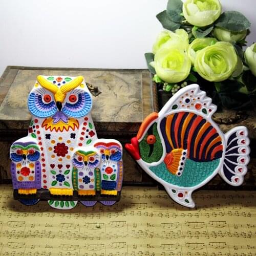 Pop style red pottery handmade painted owl fish animal home wall decoration three-dimensional pendant