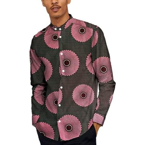 African Print Long Sleeve Mens Shirt Stand Collar Casual Top Tailor Made As Gift For Wedding Party