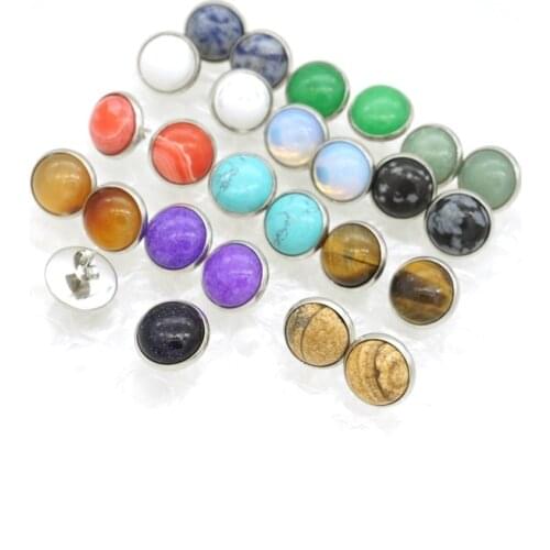 Lots Colors Natural Stone Earrings Necklace 12mm Druzy Crystal Stud Stainless Steel Metal Ear Stud Jewelry for Women Men