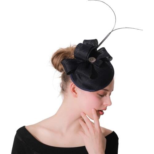 Navy Black Imitation Sinamay Chapeacu Caps Wedding Women Ladies Hair Accessories With Hair Clips Fancy Feathers