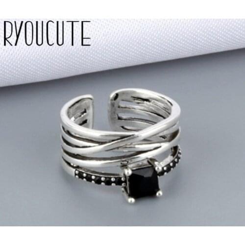 Punk Vintage Black Zircon Crystal Ring For Women Men Adjustable Size Geometric Rings Exquisite Creative Jewelry Wholesale 2021