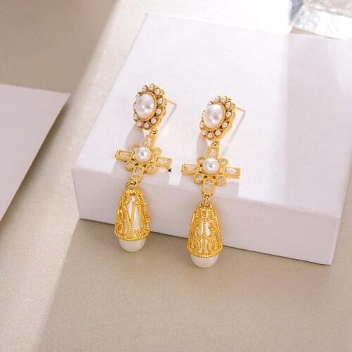 Dorado Vintage Jewelry Zircon Flower Water Drop Simulated Pearl Drop Earring For Female Charm Party Elegant Bijou Hig Quality