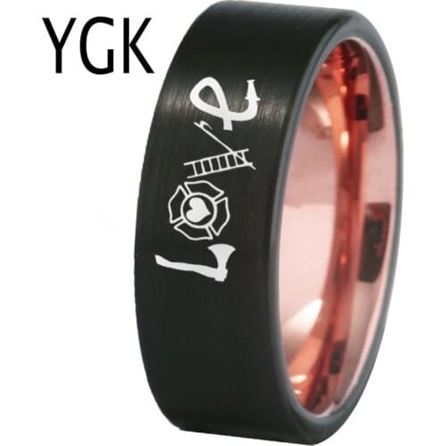 YGK Jewelry Firefighter Fireman Love Design Matte Black With Rose Tungsten Ring Mens Wedding Engagement Anniversary Gift Ring