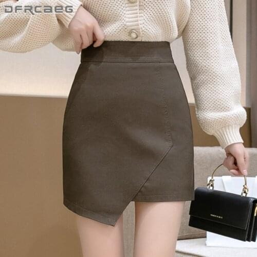 Irregular High Waist Leather Women Mini Skirts 2021 Casual Frosted Matte Autumn Winter PU Skirt Female Coffe