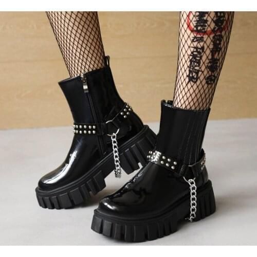 Patent Leather Rivet Belt Buckle Street Fashion Trend Female Motorcycle Boots Punk Metal Chain Non-Slip Platform Ankle Boots