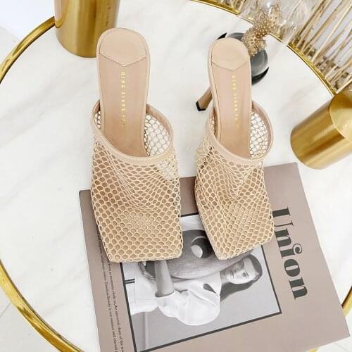 New Hollow Breathable Mesh Woman Thin High Heels Slippers Summer Vintage Square Toe Mules Femme Shoes Pumps Sandals