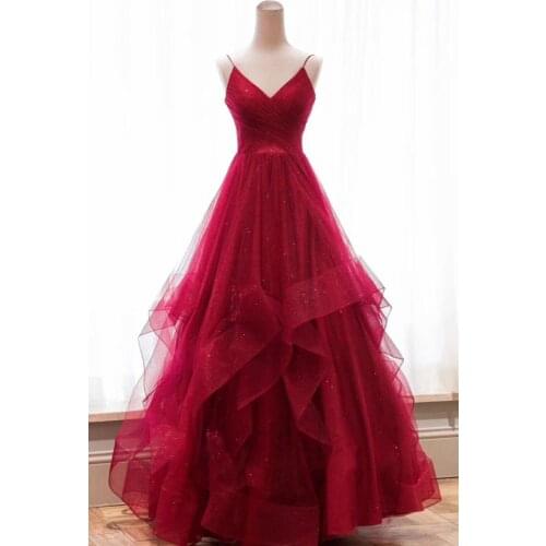 Red V Neck Spaghetti Straps Women Dinner Dress Shining Fabric Formal Dress Long A-line Evening Gown robe de soiree