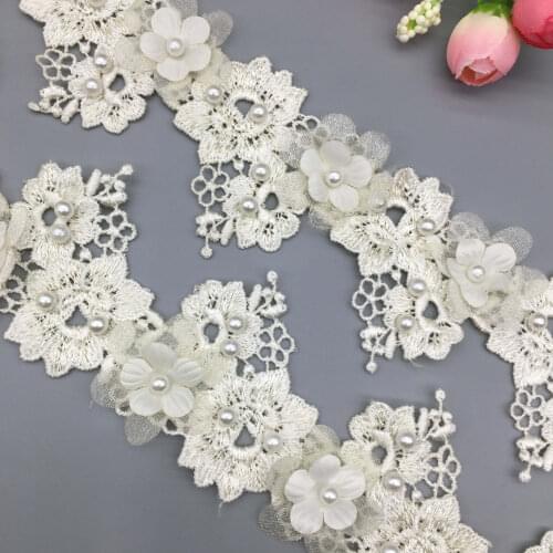 1 Yard Apricot Flower Pearl Lace Trim Embroidered Lace Ribbon Fabric Handmade Beaded Sewing Craft For Costume Hat Decoration 5cm