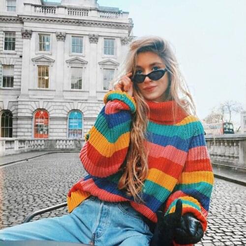 2019 Rainbow turtleneck sweaters women winter jumpers knitted clothes fashion striped oversized pullover female sale Loose