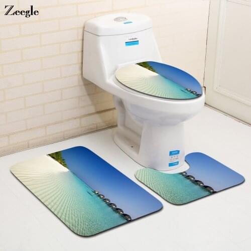 Zeegle 3Pcs Bathroom Carpet Bath Mat Set Beach Pattern Toilet Rug Set Anti-slip Floor Mats Toilet Rug Shower Room Mats Bath Rug