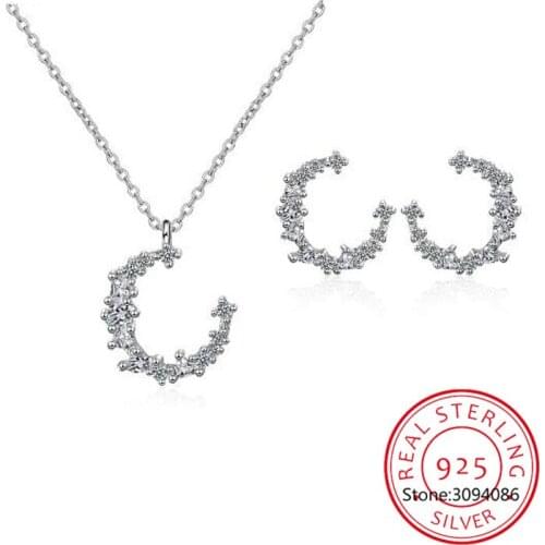 925 Sterling Silver Jewelry Sets Sweet Flash Zirconia Irregular Moon Necklace+Earrings Bijoux For Women Gift