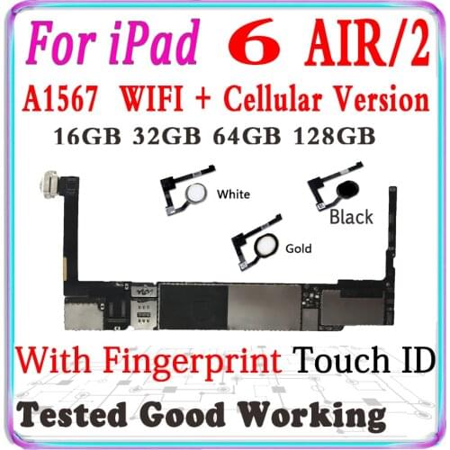 Original A1567 Mainboard For iPad 6 Air 2 Motherboard With Touch ID Unlocked For iPad 6 Logic board WLAN&Cellular with chips MB