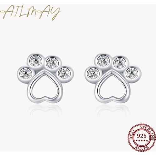 Ailmay Real 925 Sterling Silver Pet Paw Footprint Stud Earrings For Women Girl Cute Dazzling Clear CZ Fine Jewelry
