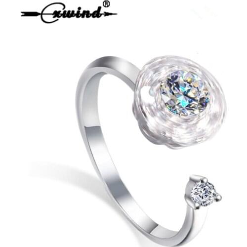 Cxwind Rotating Ring Cute Design Flexible Sparkling Round CZ Crystal Rings For Women Elegant Adjustable Finger Jewelry