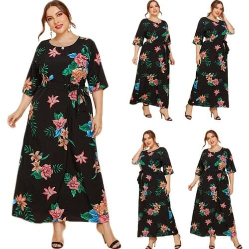 Dubai Floral Print Long Dress Maxi Robe Gown Middle East Women Muslim Abaya Short Sleeve Summer Islamic Clothing Ramadan Fashion