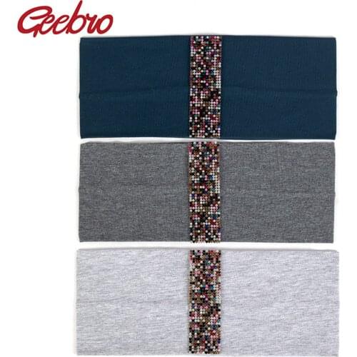 Geebro Woman Boho Cotton Colorful Stones Ribbon Rhinestones Headbands Headwear Soft Elastic Hair band Accessories Party Turban