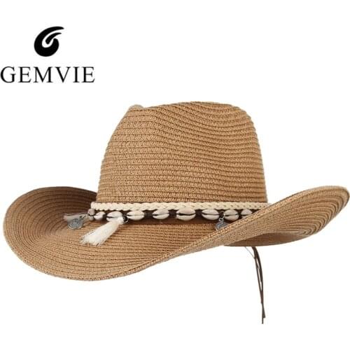 GEMVIE 2019 Shell Tassels Cowgirl Summer Hat Straw Hat for Women Men Western Cowboy Hat Lady Trendy Woven Sun Hat Beach Cap