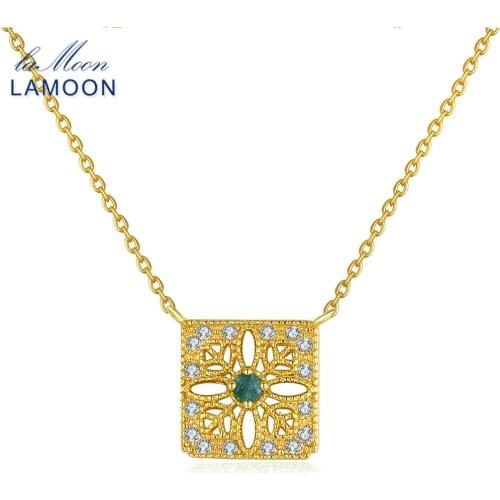 LAMOON- 2mm 0.06ct 100% Natural Emerald 925 Sterling Silver Jewelry Chain Pendant Necklace S925 LMNI018