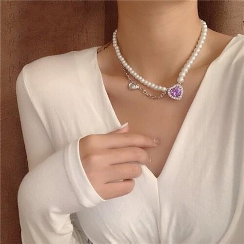 Lifefontier Luxury Pearl Beads Chain Purple Crystal Love Heart Pendant Necklace for Women Wedding Bridal Jewelry Coiple Gifts