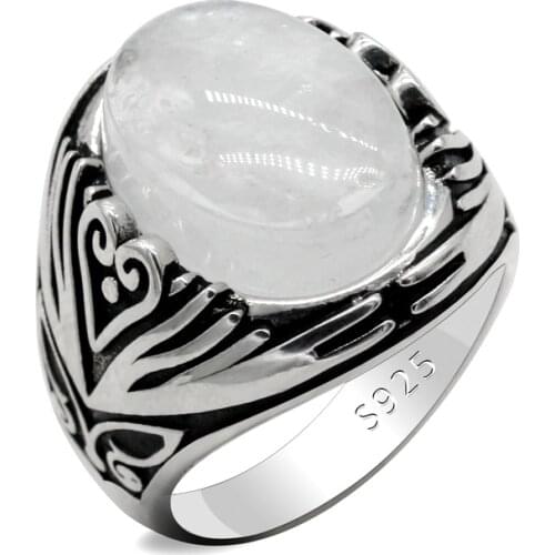 Vintage Thai 925 Sterling Silver Rings for Men with Natural White Crystal Stone Mens Ring Handmade Jewelry Women Dating Gift