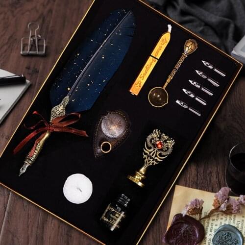 Luxury Feather Dip Pen Set Vintage Sprinkling Gold Wax Seal Stamp Kit Calligraphy Writing Fountain Pen Birthday Gift Box Quill