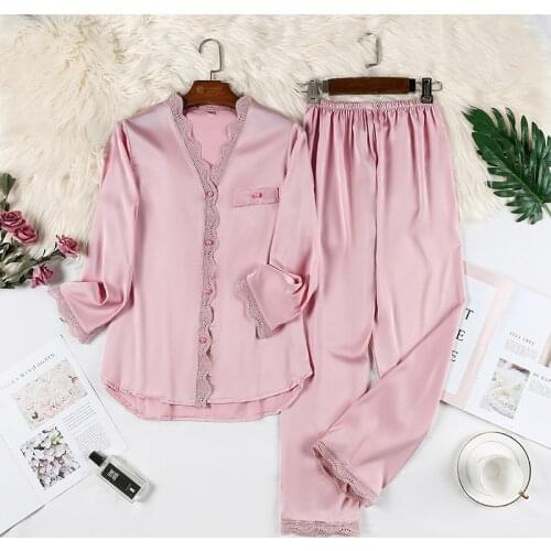 Spring Summer Pink Pajamas Set Female V-Neck Long Sleeve Sleepwear 2PCS Shirt&Pant Casual Loose Pijamas Suit Home Satin Homewear