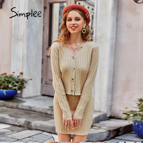 Simplee Elegant v-neck buttons ruffle knitted dress set women Office long sleeves slim two pieces sets Solid female sweater suit